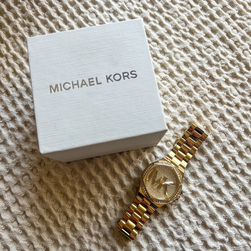 New Michael Kors Lennox Pavé Logo Gold-Tone Logo Watch